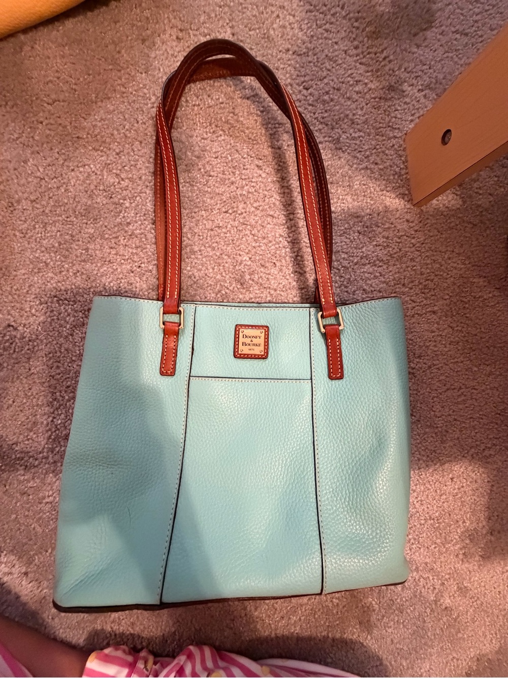 Dooney & Bourke Aqua Pebble Leather Tote with Brown Trim